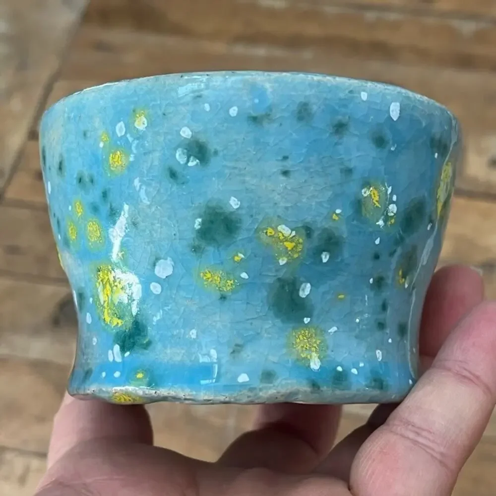 Handmade Clay Pottery Bowl Blue Yellow Speckled Crackle Glaze Artist Signed